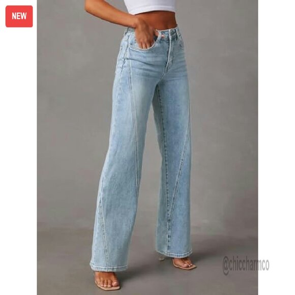 Wide Leg Jeans Mid High Waisted Stretchy Denim Pants Straight Leg Trousers - Picture 5 of 8